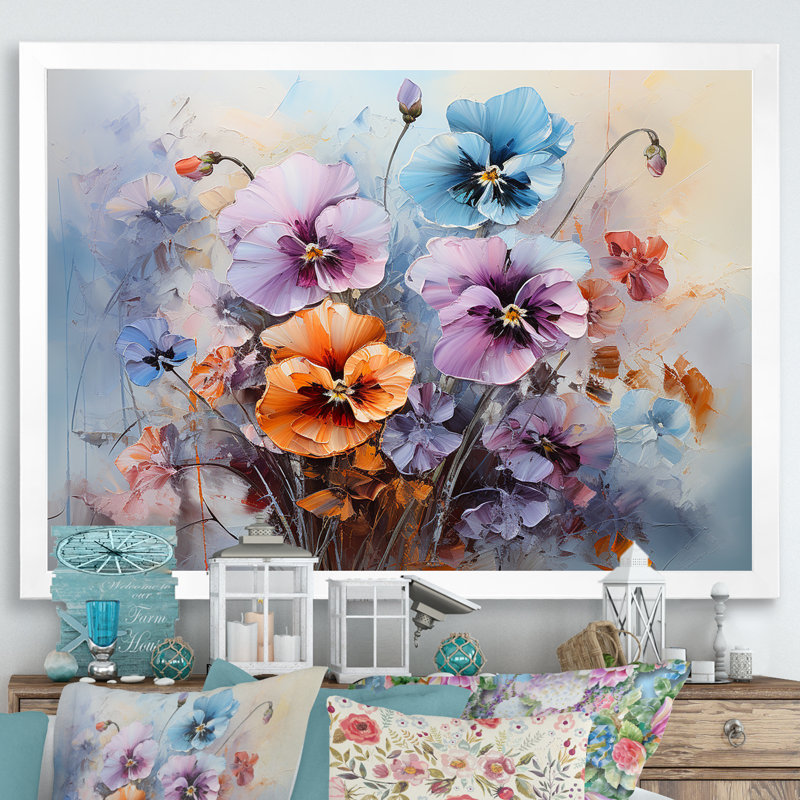 «Purple Pansies Efflores Lawrence» sur toile, Cadre simple blanc, H 34 po x l 44 po x P 1,5 po