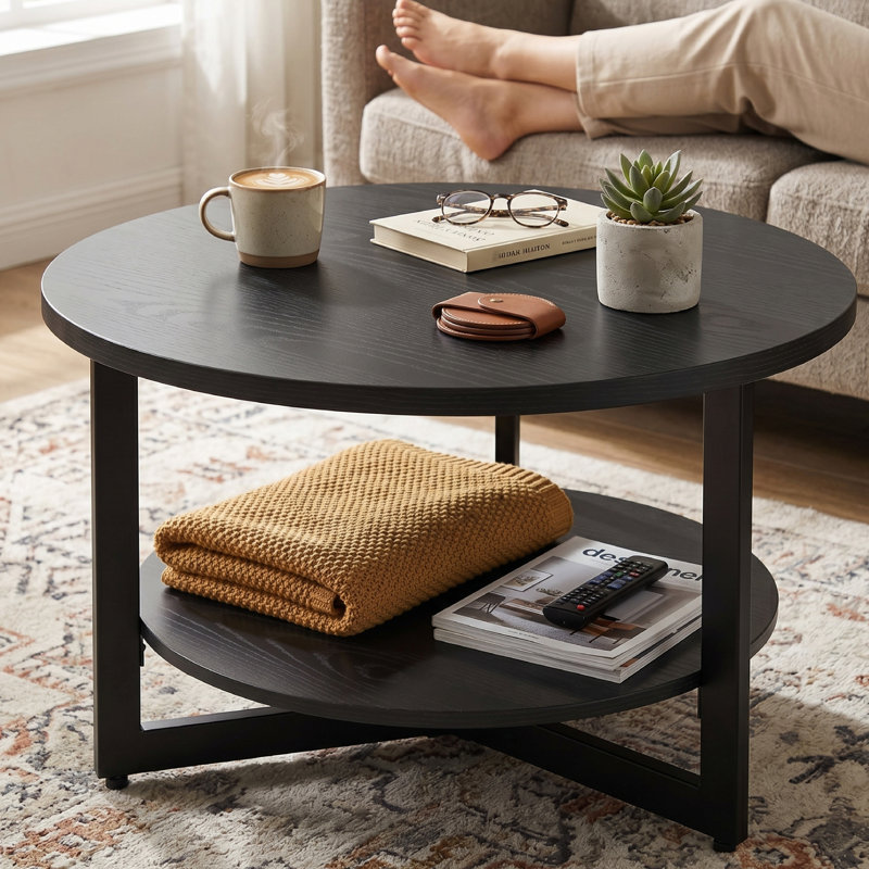 Single Coffee Table With 2-Tier Storage Shelves, Tea Table, Round Modern 31.5inch Coffee Table, Farmhouse Center Accent Table for Living Room