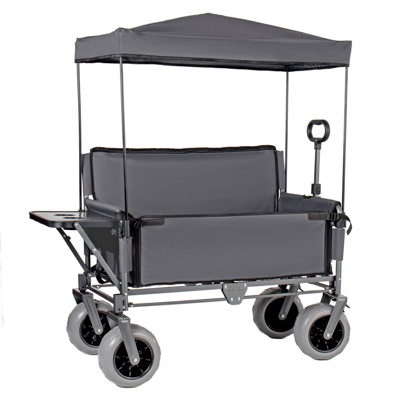 3-In-1 Collapsible Wagon Converts To Bench Convertible Folding Wagon Cart With Canopy &Rear-Mounted Folding Tabletop, Gris
