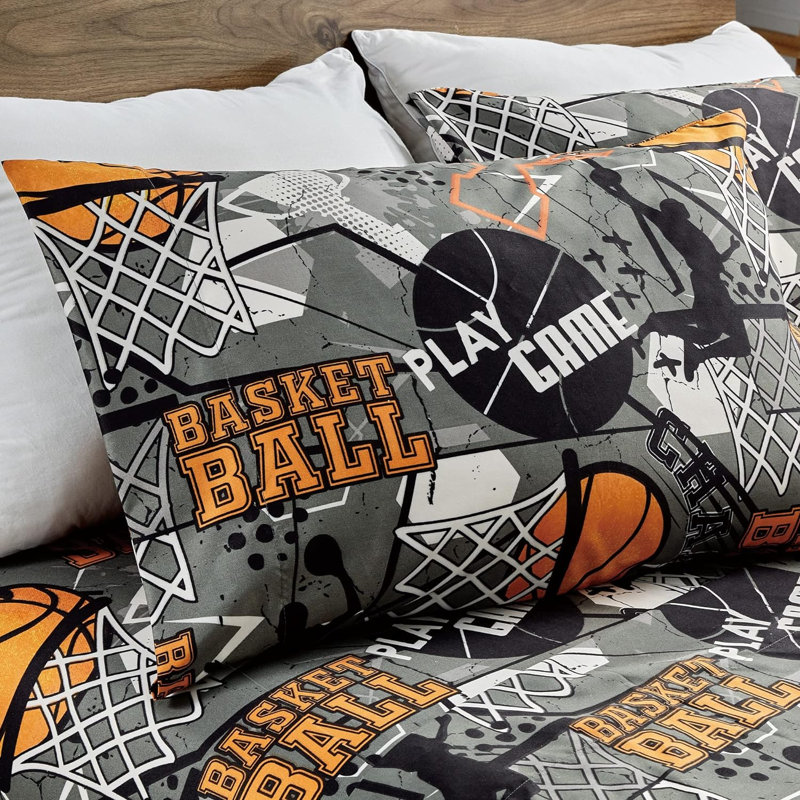 Fun Kids Teens Microfiber Sheet Set, Gray Basketball Sports, Queen Sheet Set with 2 Pillowcases