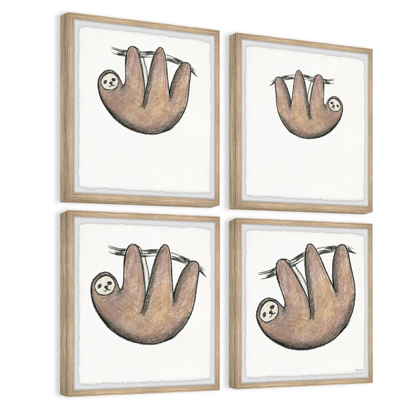 Cardenas Upside Down Sloth, ensemble de 4 reproductions encadrées à bords frangés, H 24 po x l 24 po x P 1,5 po