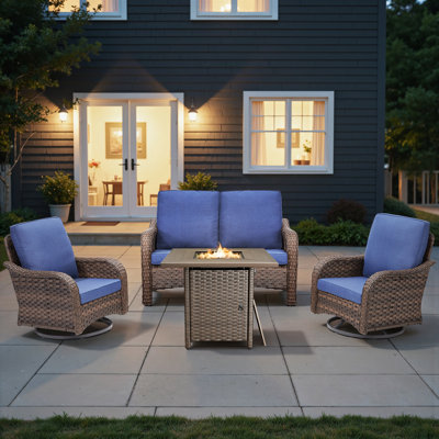 Ensemble de conversation d'extérieur en osier pour 4 personnes avec coussins confortables, ensemble de meubles de patio à haut dossier avec chaises berçantes pivotantes et table de foyer