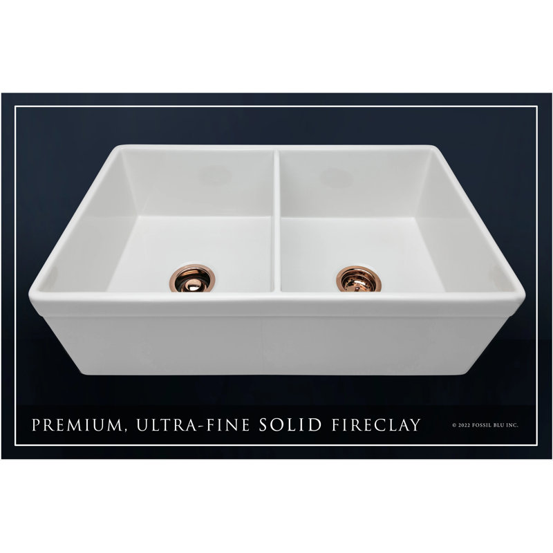 32.75" L x 19.88" W Double Basin Farmhouse Kitchen Sink with Accessories, Polished Rose Gold Accessories