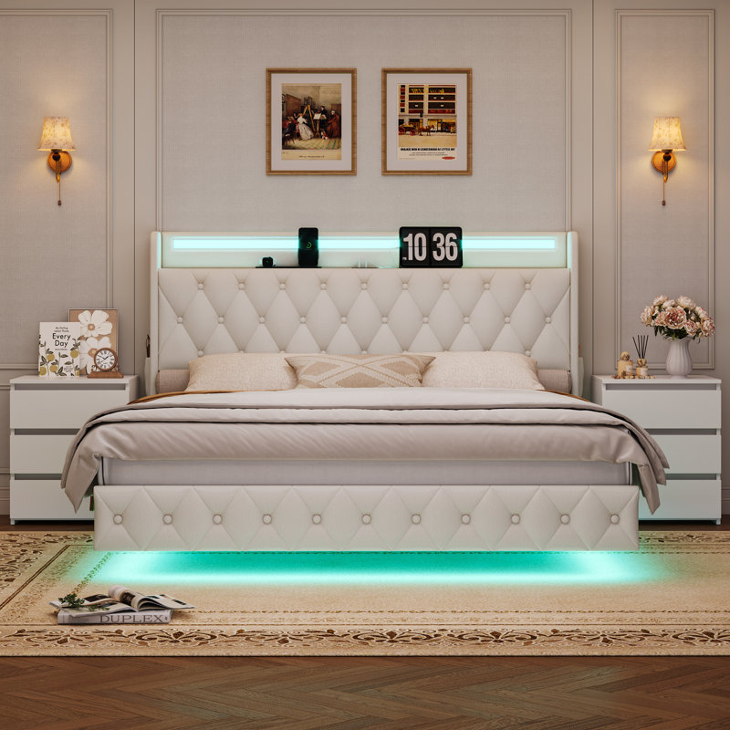Ensemble de chambre à coucher 3 pièces, lit flottant avec port de charge, Blanc, Très grand