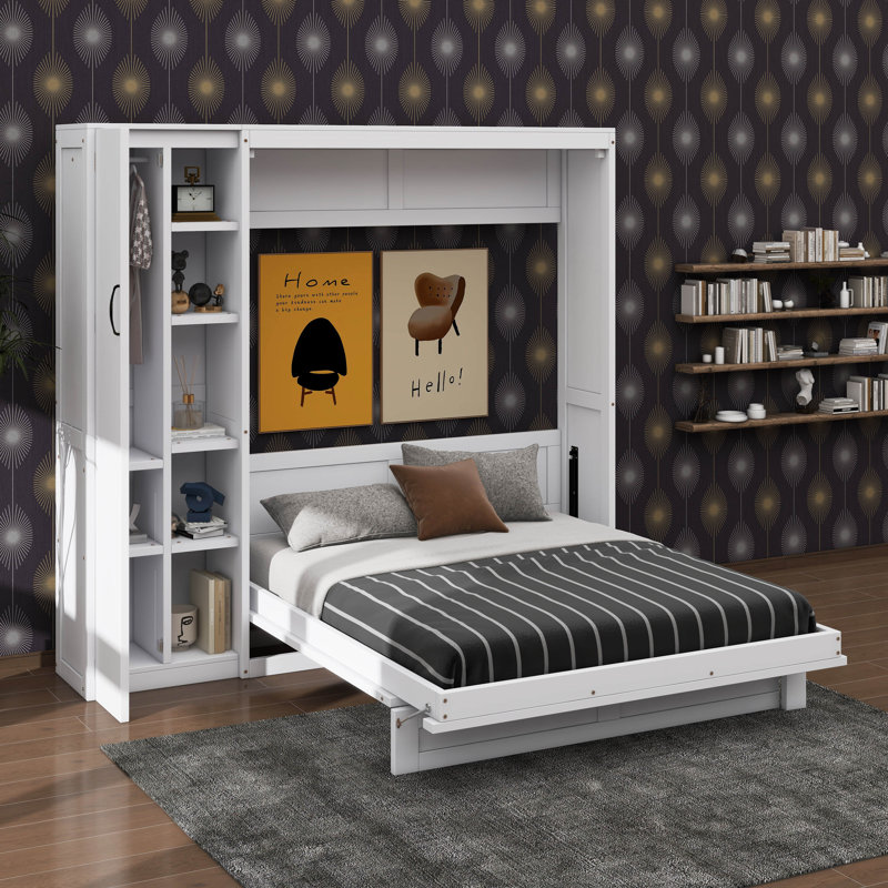 Lit escamotable double pleine grandeur avec tablettes, garde-robe et éclairage DEL, Lit double, Blanc