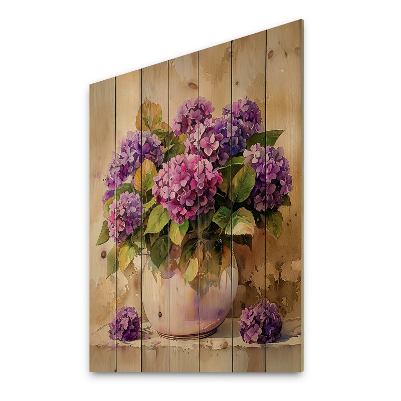 Hortensias dans un vase rétro - Art mural en bois d'hortensias - sur bois de pin naturel, H 20 po x l 10 po x P 0,78 po