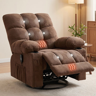 Brown Wide-Seat Swivel Rocker Recliner with Massage, Lumbar Heat and USB Port
