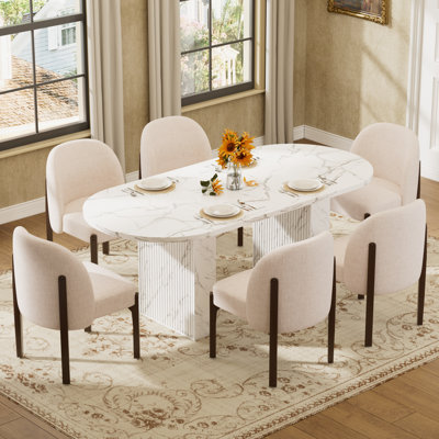 Farmhouse Dining Set, 62.9in Oval Table & 4/6 Upholstered Chairs for Dining, Kitchen