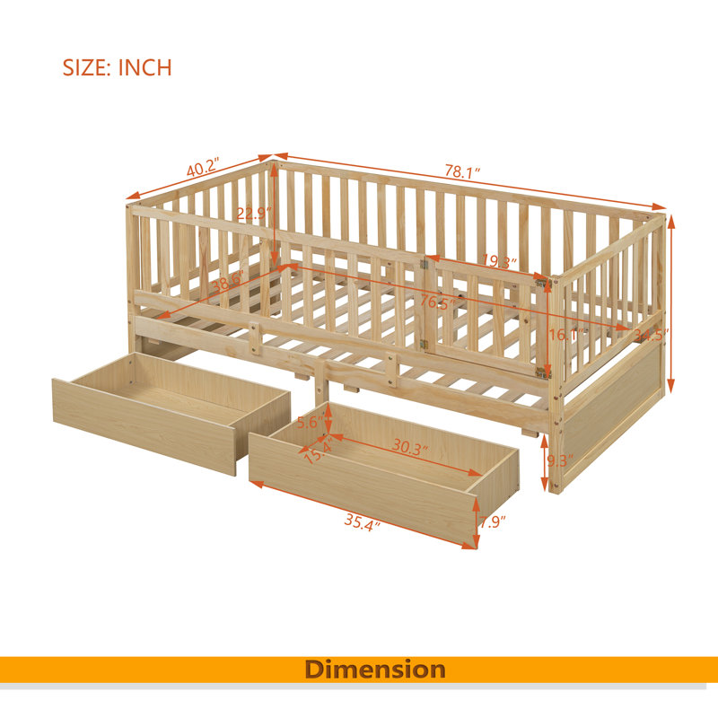 Wood Daybed With Fence Guardrails And 2 Drawers, Natural, Twin