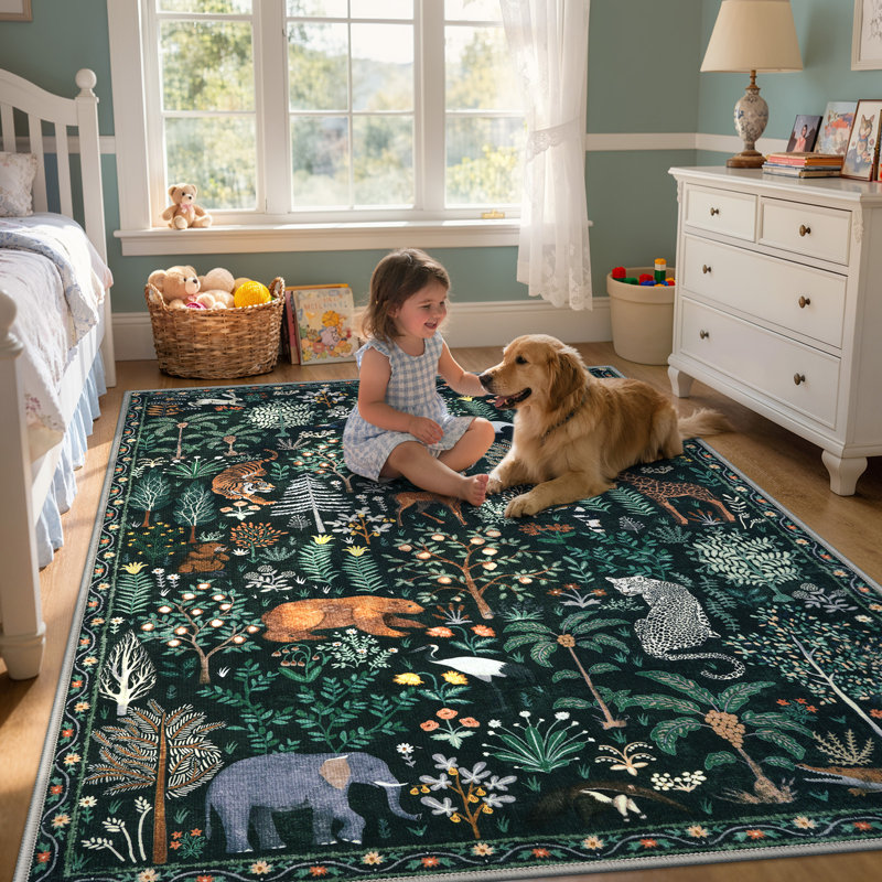 Goldene Whimsical Jungle Animal Washable Area Rug for Kids Room & Nursery, Soft Non-Slip Botanical Playroom Carpet