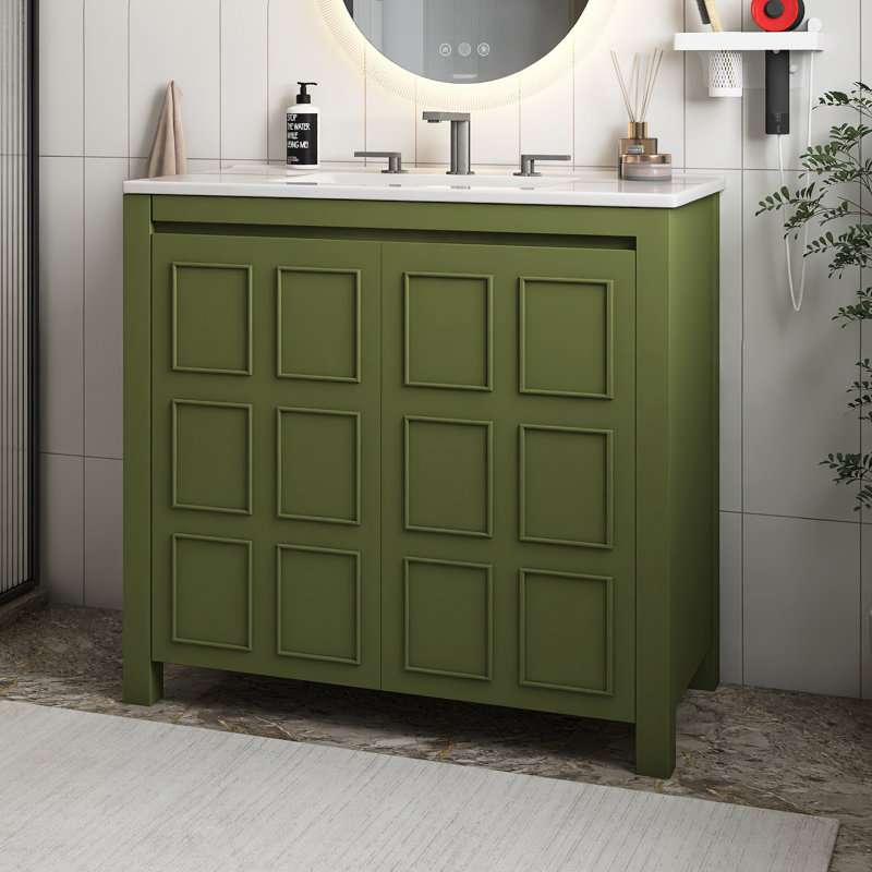 Ensemble de meuble-lavabo sur pied 36 po avec cadre en bois massif et panneau de fibres à densité moyenne avec plateau en céramique intégré vert olive