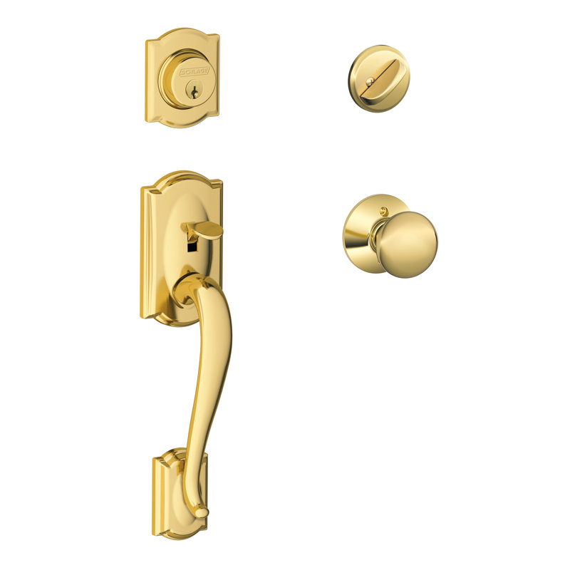 Camelot Handleset with Single Cylinder Deadbolt and Plymouth Door Knob and Rosette, Keyed Alike, Yes, Bright Brass