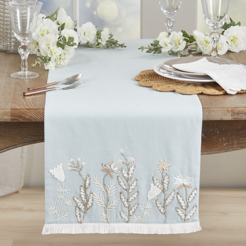 Embroidered Meadow Table Runner – Lined Decorative Table Runner with Fringe for Dining & Console Tables, 16"x72", Blue