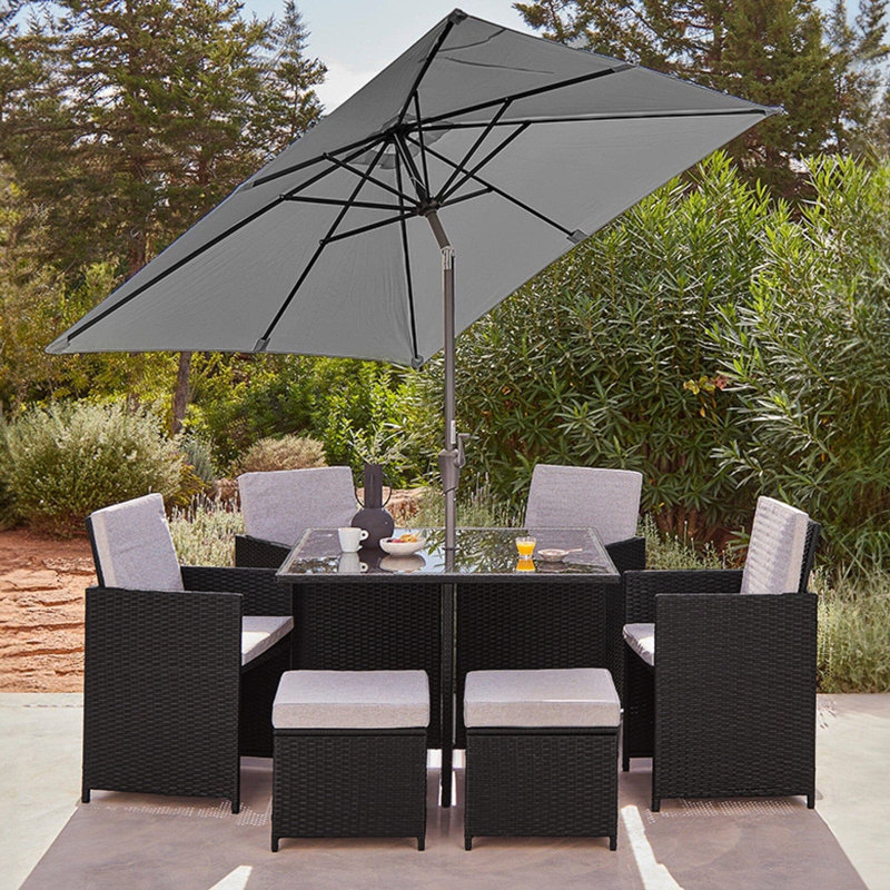 Quilla All Weather Wicker/Rattan 8 - Person with Cushions & Parasol, Black Weave/Grey Umbrella