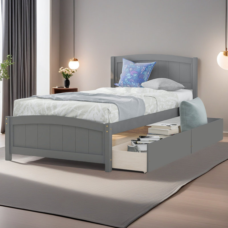 Lit plateforme simple avec deux tiroirs, Gris