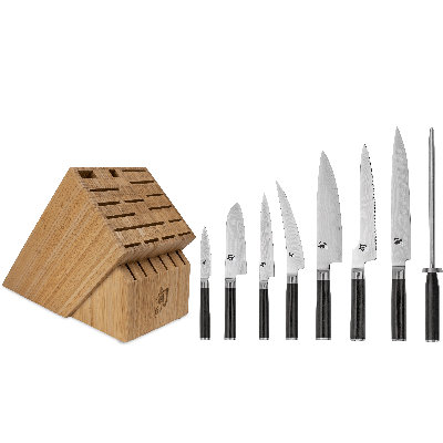 Ensemble de 9 pièces Shun Classic, comprenant 7 couteaux Shun Classic, un couteau à affûter en acier et un porte-couteaux à 22 fentes, un ensemble de couteaux japonais fabriqués à la main, un revêtement en acier inoxydable de Damas et une poignée de style Pakkawood