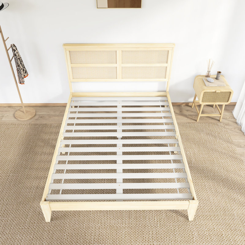 Solid Wood Queen Platform Beds With Rattan Headboard, Natural, Queen
