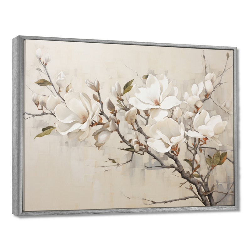 Beige de Magnolias «Dreamy» - art mural encadré Magnolias, H 24 po x l 32 po x P 1 po, Encadrement argenté