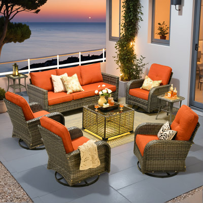 All - Weather Wicker Outdoor Furniture SetComfortable 7- Piece Patio Seating Group with Rotating Chairs, Sofa & Illuminated Coffee Table