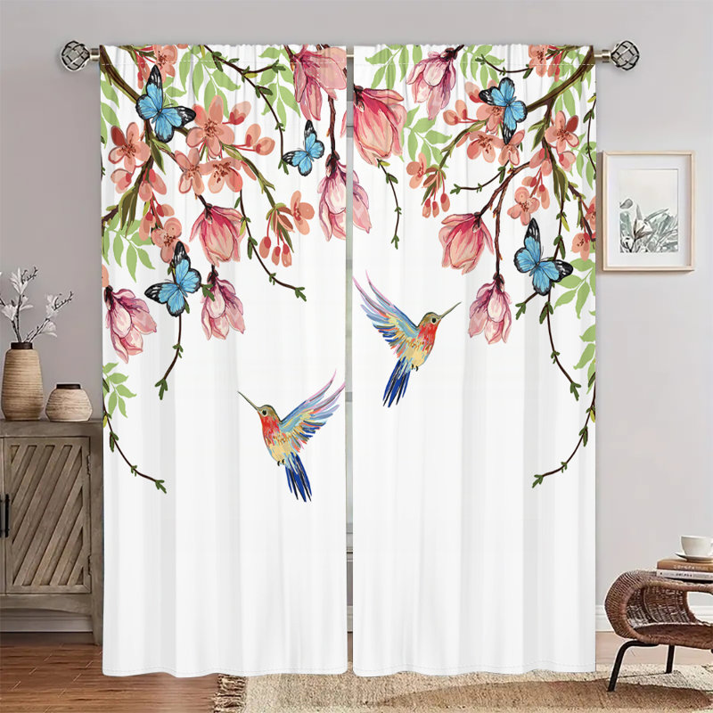 2Pcs Hummingbird Butterfly Floral Sheer Curtains Watercolor Print Window Drapes Colorful Birds Garden Theme Rod Pocket Light Filtering Panel for Living Room Bedroom Kitchen Dining Home Decor