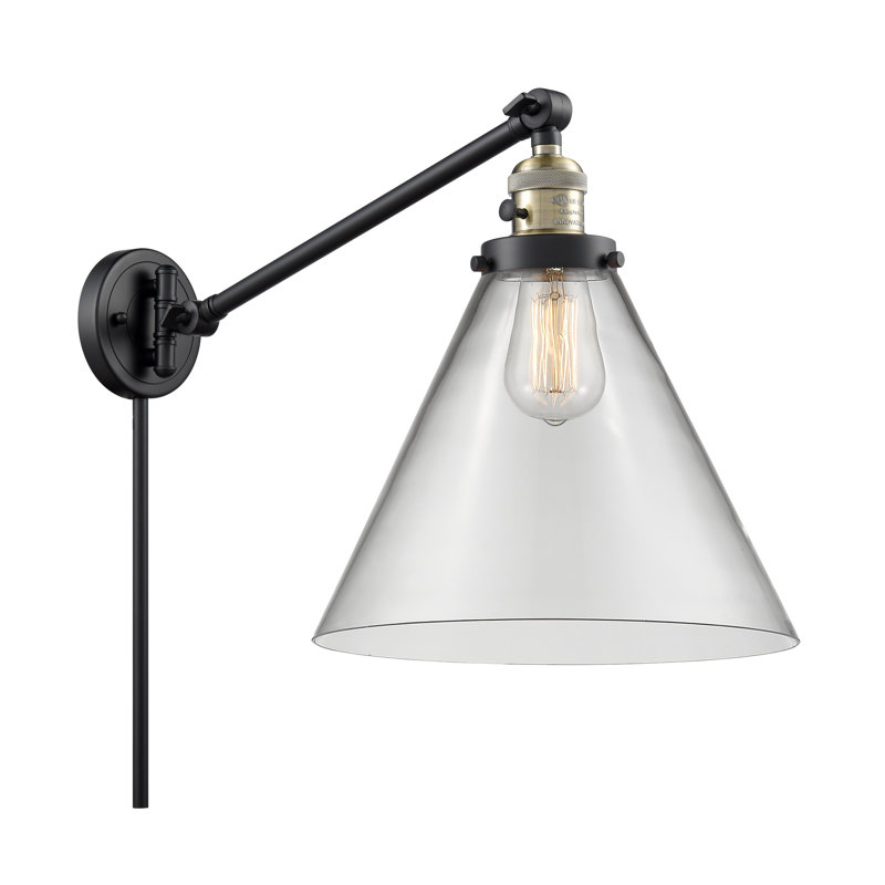 Cone 1 Light  Swing Arm, Clear, 3.5 Watt Vintage LED Bulb, Black Antique Brass