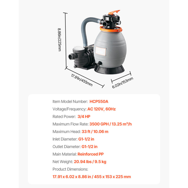 Pompe à sable de 13 po pour piscine hors terre 3/4 HP 3500 GPH Débit