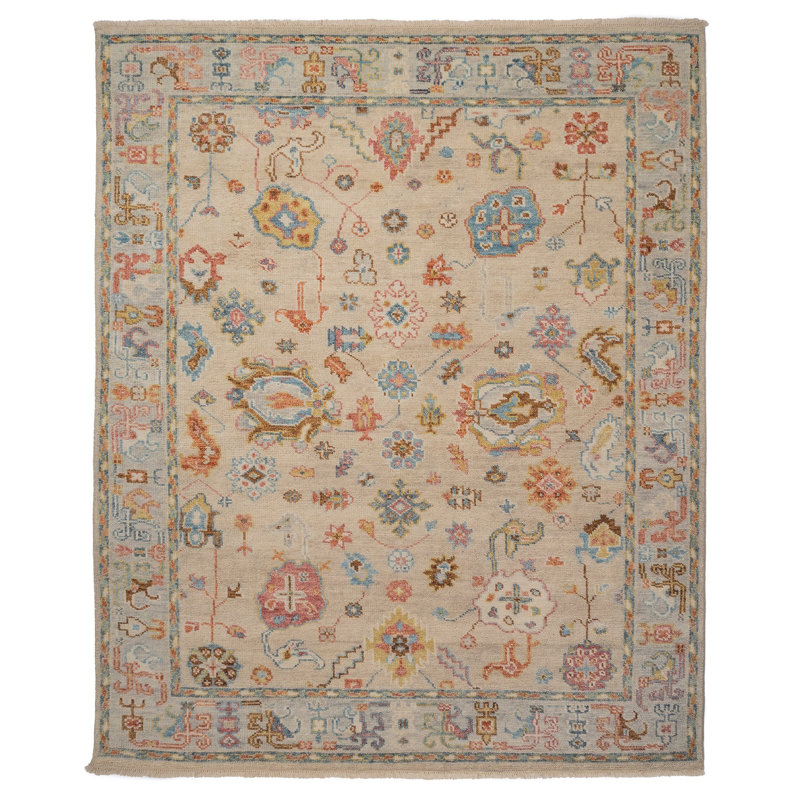 Hand Knotted Wool Oriental Area Rug in Ivory, Rectangle 10' x 14'