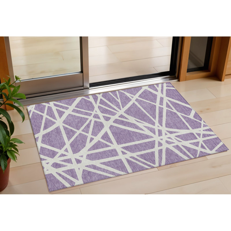 3' X 5' Lavender And Ivory Geometric Washable Indoor Outdoor Area Rug