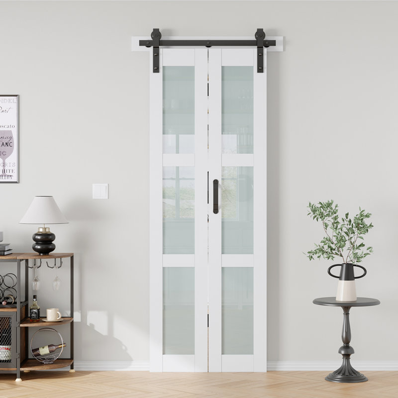 Glass And Solid Manufactured Wood Bi-Fold Barn Door With Installation Hardware Kit, 32" x 84", 2