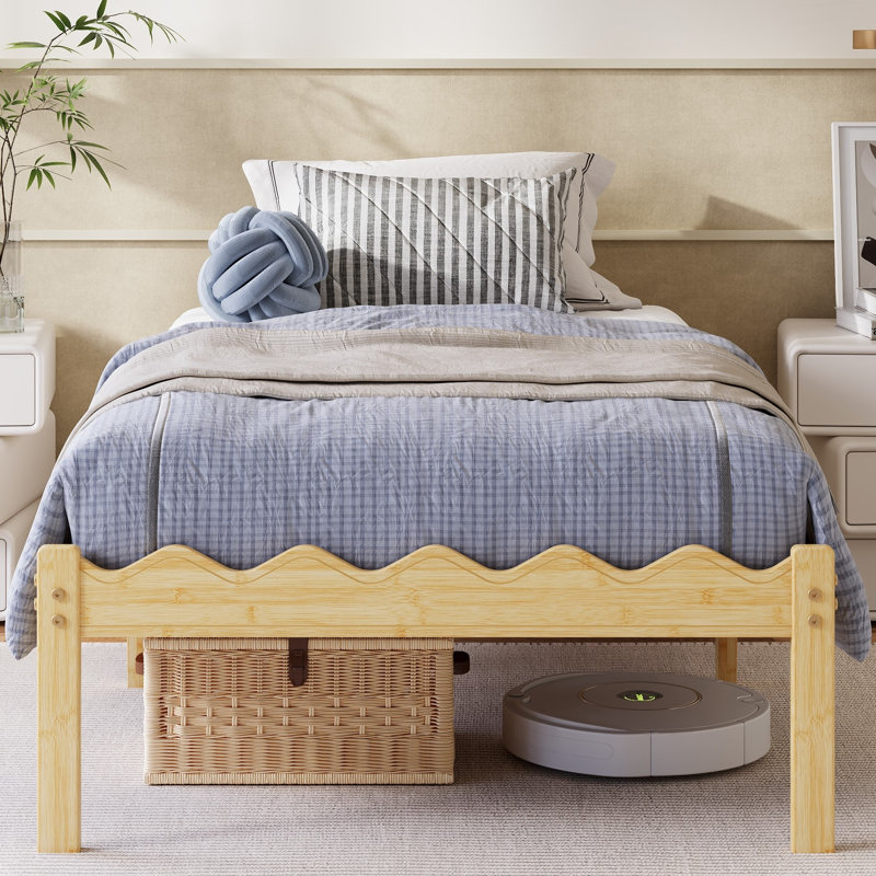 Structure de lit simple en bambou naturel de 14 pouces, style moderne de ton chaud, lit plateforme robuste, conception en forme de vague pour empêcher le matelas de glisser, sans grincement et sans vacillement, sans sommier tapissier nécessaire