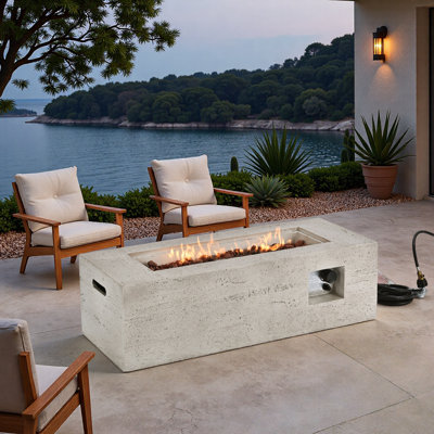 Mgo Propane Outdoor Rectangular Fire Pit With Side Cutout Handles, Steel Burner, Adjustable Flame Control, Lava Rocks And Rain Cover