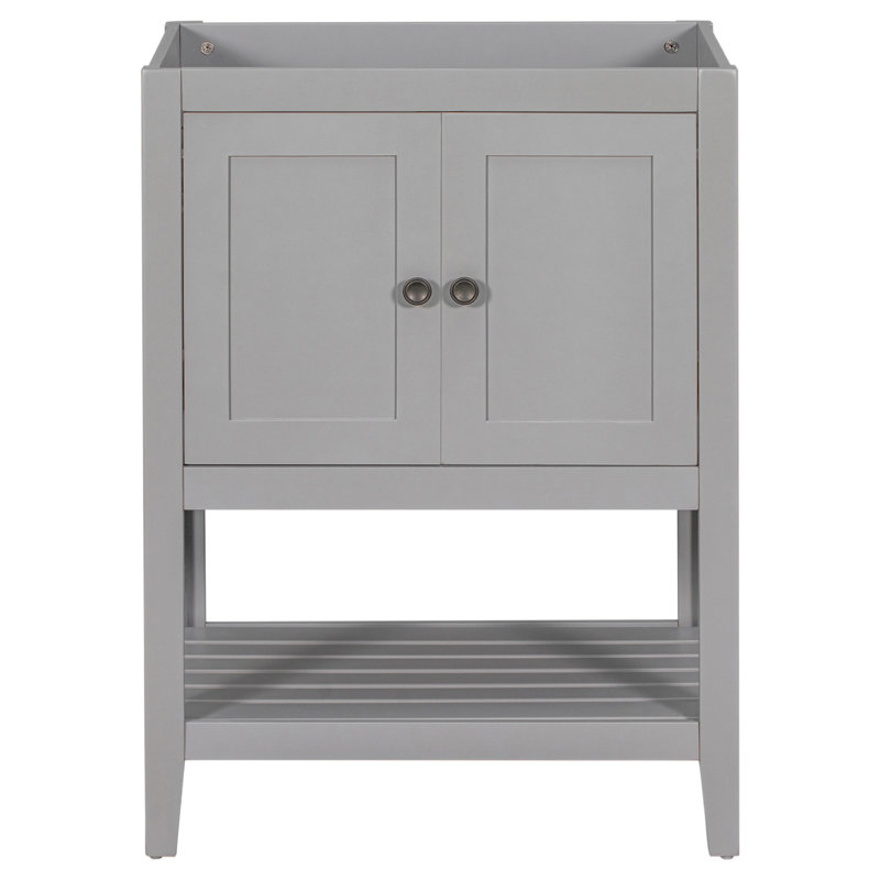 24" Bathroom Vanity Base Only, Soild Wood Frame, Bathroom Storage Cabinet With Doors And Open Shelf, Gray