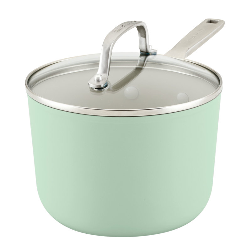 KitchenAid Hard Anodized Ceramic Nonstick Cookware Sauce Pan with Lid, 3 Quart, Pistachio