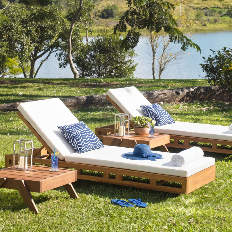 Vane Patio Acacia Wood Chaise Lounge With Adjustable Backrest & Cushion, Cream, 2