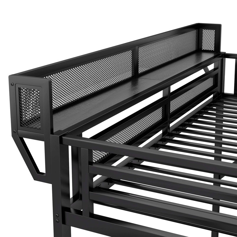 Grand lit mezzanine en métal avec escalier, tablettes de rangement et garde-robe, grand lit mezzanine pour enfants, adolescents et adultes, noir
