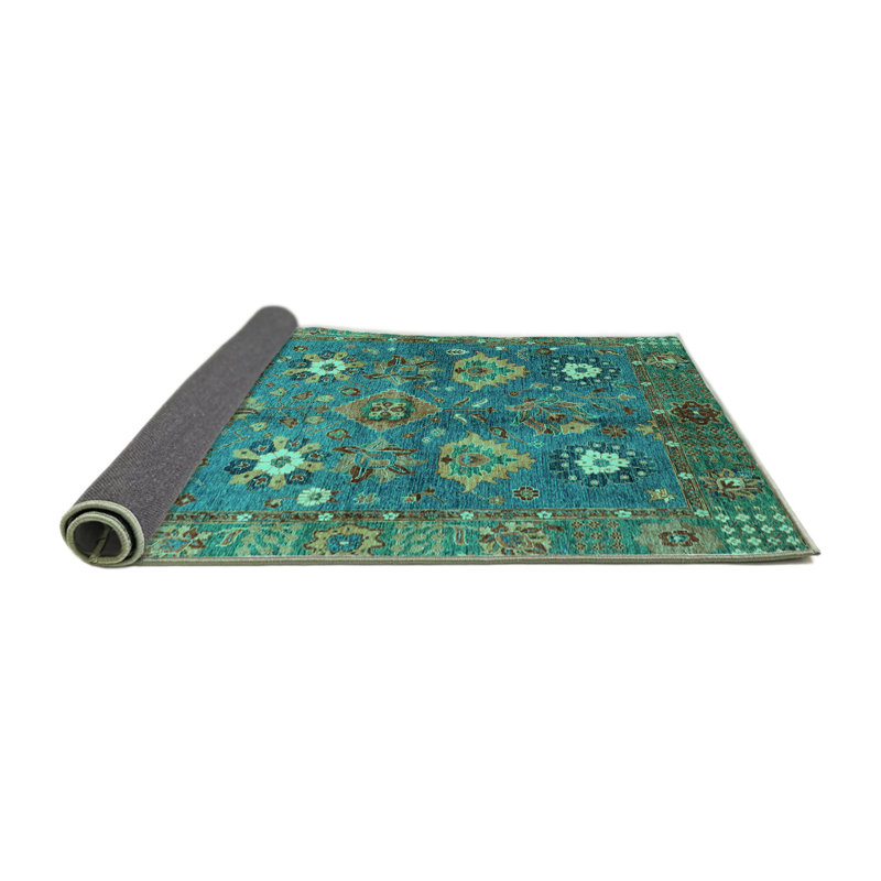 Tapis oriental fabriqué à la machine en bleu / vert / brun, Carré 8 pi