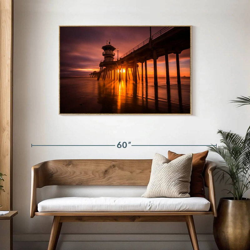 Coucher de soleil à Huntington Beach Pier, Cadre flottant en bois naturel, 43 po x 29 po
