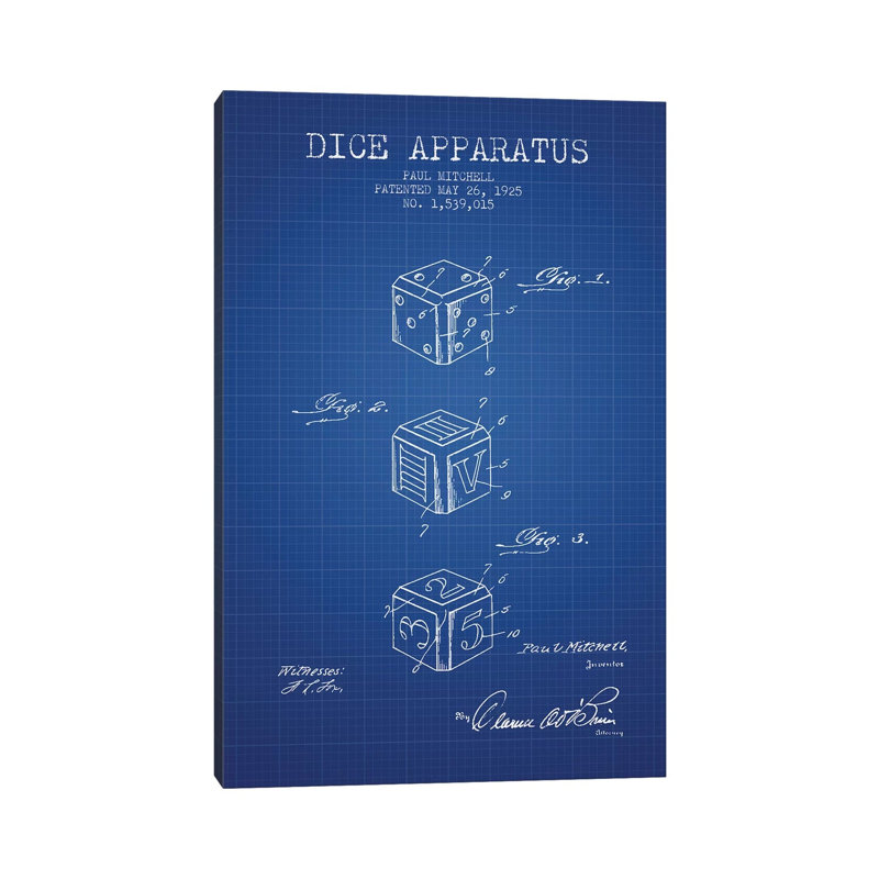 Paul Mitchell Dice Apparatus Patent Sketch (Blue Grid) by Aged Pixel - Wrapped Canvas Print