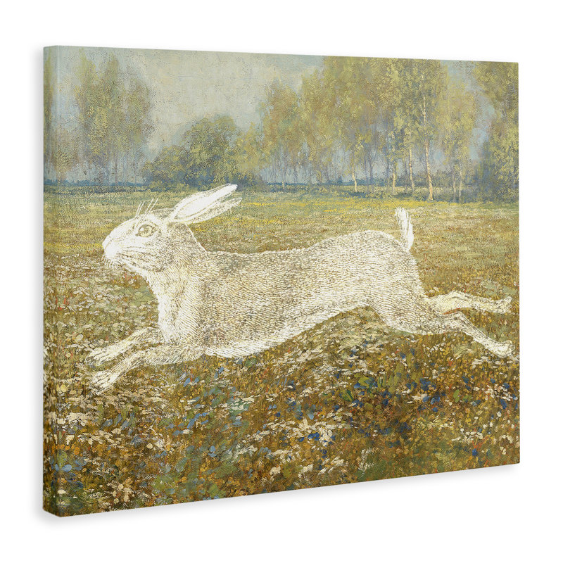 Impressionniste impressionnant sur toile de lièvre sautant par Daphne Polselli, H 24 po x l 30 po
