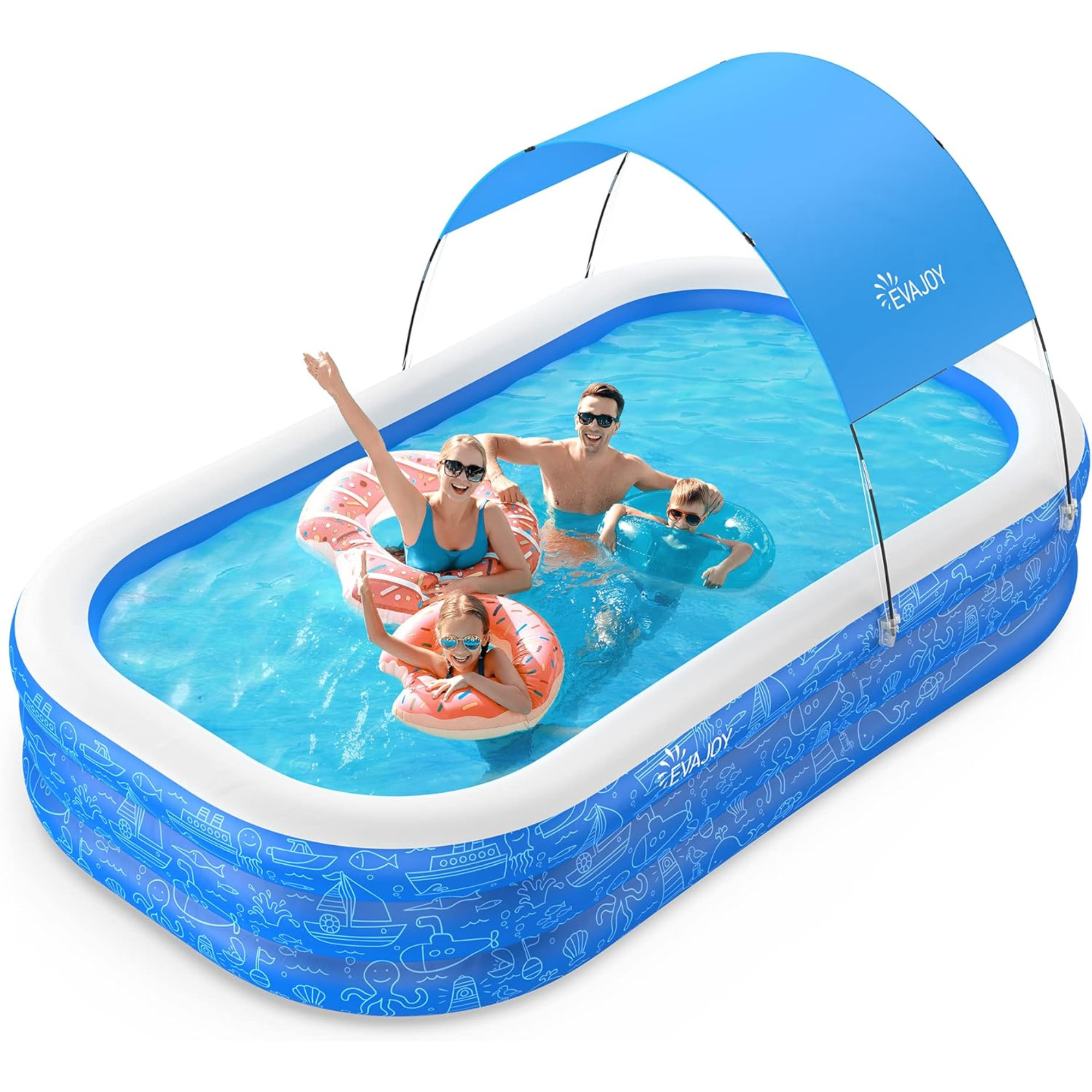 Large Inflatable Pool With Removable Canopy - 126x75x25 Inch Family Pool With Seats, Backrest, Ocean Theme For Kids & Adults
