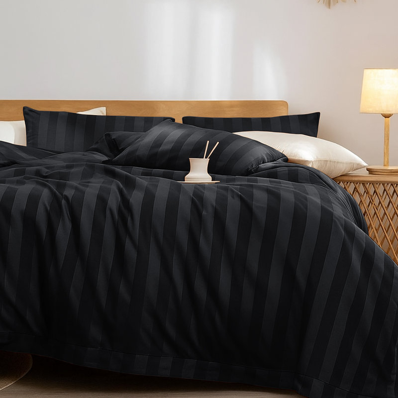 Microfiber Striped Duvet Cover Set with Matching Pillowcases & Fitted Sheet, Black Striped