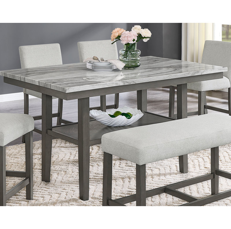 Selena 60" Rectangular Grey Faux Marble Counter Height Table with Storage Shelf & Grey Wood Legs, 37”H x 60”L x 36”W