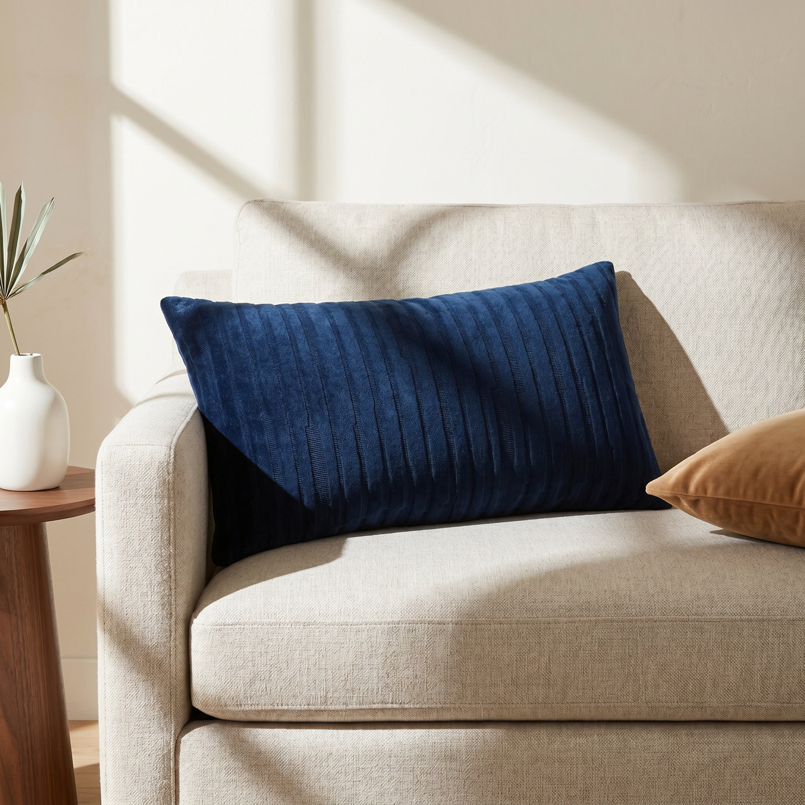 Zorina Embroidered Cotton Lumbar Throw Pillow, Dark Blue
