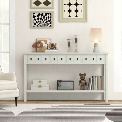 Lark Manor 60" Console Table Retro Entryway Sofa Table With 4 Drawers & Open Shelf Hallway White