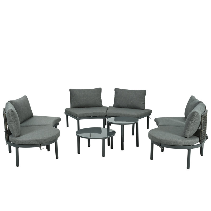8 - Piece Patio Furniture: Half Moon Sectional With 2 Coffee Tables, Pe , Tempered Glass, Comfort For Garden And Poolside Outdoor , High Low , 6 Cushions Backyard Recreation Time