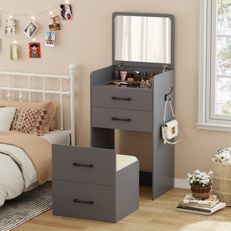 Ensemble de coiffeuse 3 en 1 avec miroir basculant Alexius, Gris