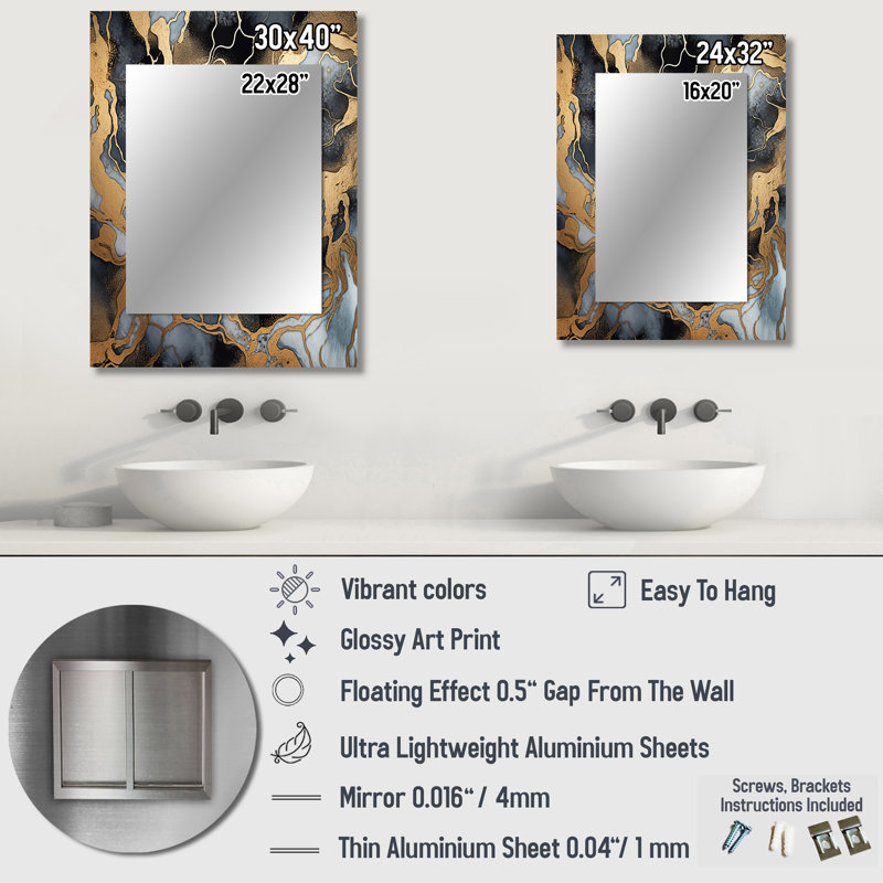 Gold And Grey Marble Glimmering Galaxies III - Large Wall Mirror On Metal, 32" x 24"