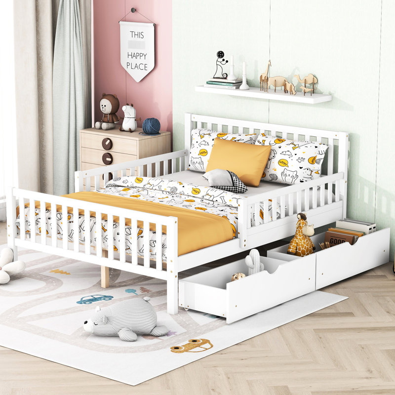 Lit plateforme double en bois blanc avec garde-corps et deux garde-corps pratiques, teinte, 2 tiroirs, Full, White