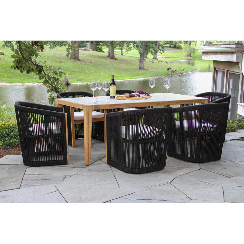 Aniston 7 Piece Teak & Stone Dining Set with Sunbrella Cushions, White