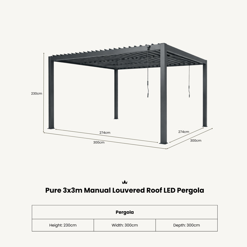 PURE Manual Louvered Roof LED Pergola, 230cm H x 300cm W x 300cm D